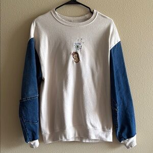 White and Blue Up cycled Sweatshirt with Embroidered Design and Denim Sleeves